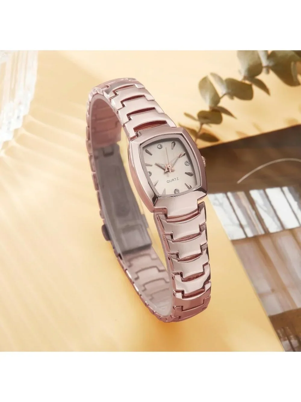 Women's Rose Gold Analog Steel Dainty Rectangle Waterproof Square Wrist Watch